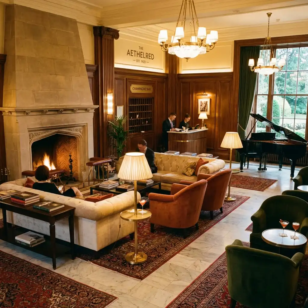 A luxurious hotel lobby with warm lighting and comfortable seating, showcasing elegant design and a welcoming atmosphere, hinting at superior guest experience.